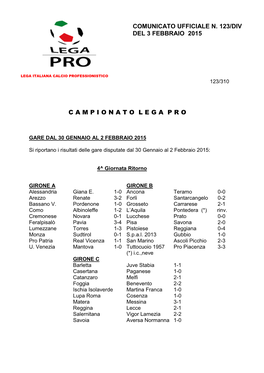 Comunicato Ufficiale N. 123/Div Del 3 Febbraio 2015