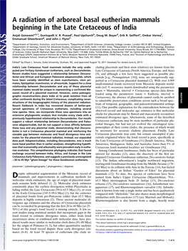 A Radiation of Arboreal Basal Eutherian Mammals Beginning in the Late Cretaceous of India