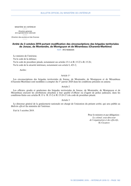 Arrêté Du 3 Octobre 2019 Portant Modification Des Circonscriptions Des Brigades Territoriales De Jonzac, De Montendre, De M