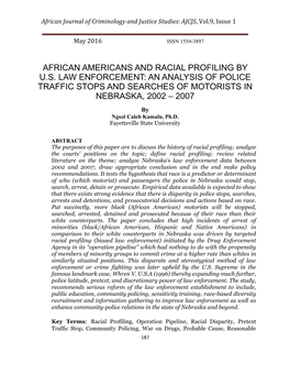 African Americans and Racial Profiling by U.S. Law Enforcement: an Analysis of Police Traffic Stops and Searches of Motorists in Nebraska, 2002 – 2007