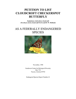 Petition to List Cloudcroft Checkerspot Butterfly As a Federally Endangered Species