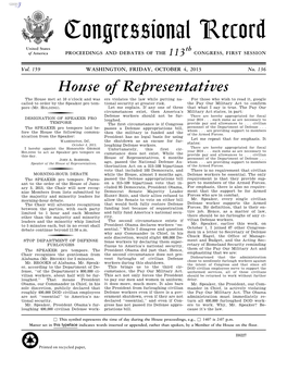 Congressional Record United States Th of America PROCEEDINGS and DEBATES of the 113 CONGRESS, FIRST SESSION