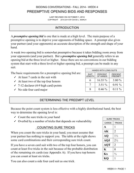 Preemptive Opening Bids and Responses  Last Revised on October 1, 2014 Copyright  2010-2014 by David L