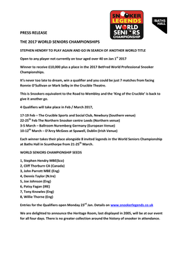 Press Release the 2017 World Seniors Championships