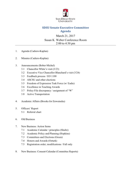 SDSU Senate Executive Committee Agenda March 21, 2017 Susan K