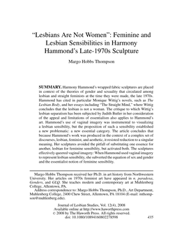 “Lesbians Are Not Women”: Feminine and Lesbian Sensibilities in Harmony Hammond’S Late-1970S Sculpture