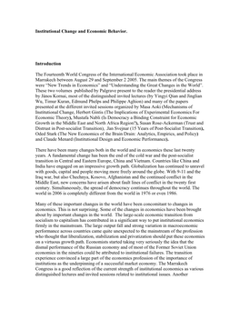 Institutional Change and Economic Behavior. Introduction the Fourteenth World Congress of the International Economic Association