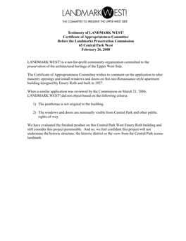 Certificate of Appropriateness Committee Before the Landmarks Preservation Commission 65 Central Park West February 26, 2008