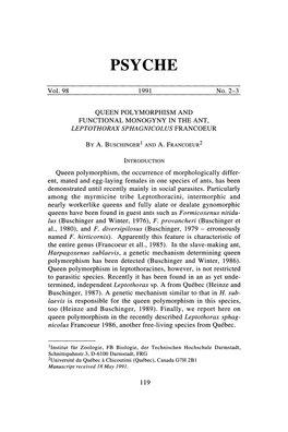 Queen Polymorphism and Functional Monogyny in the Ant, Leptothorax Sphagnicolus Francoeur