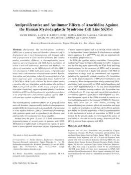 Antiproliferative and Antitumor Effects of Azacitidine Against the Human Myelodysplastic Syndrome Cell Line SKM-1