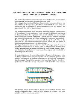 The Evolution of the System of Olive Oil Extraction from Three Phases to Two Phases