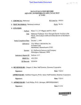 US EPA-Pesticides; Methomyl