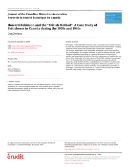 Howard Robinson and the “British Method”: a Case Study of Britishness in Canada During the 1930S and 1940S Don Nerbas