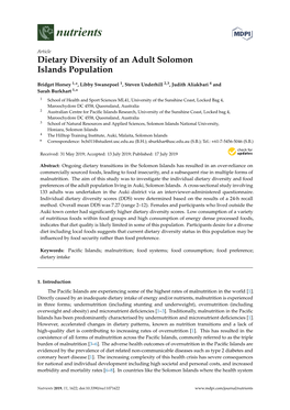 Dietary Diversity of an Adult Solomon Islands Population