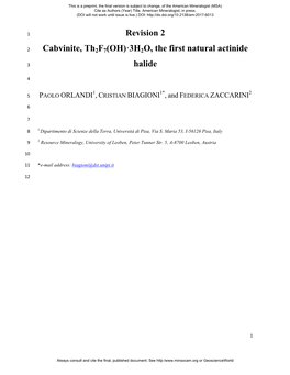 Revision 2 Cabvinite, Th2f7(OH)·3H2O, the First Natural Actinide Halide