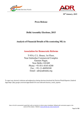 Press Release Delhi Assembly Elections, 2015 Analysis of Financial Details of Re-Contesting Mlas Association for Democratic Refo