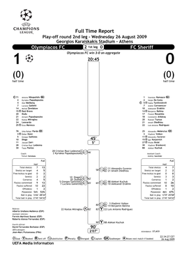 Full Time Report Olympiacos FC FC Sheriff