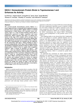 NKX3.1 Homeodomain Protein Binds to Topoisomerase I and Enhances Its Activity