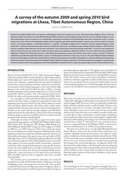 A Survey of the Autumn 2009 and Spring 2010 Bird Migrations at Lhasa, Tibet Autonomous Region, China JOHN D