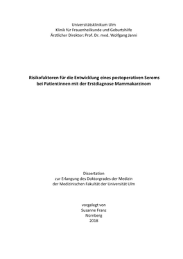 Risikofaktoren Für Die Entwicklung Eines Postoperativen Seroms Bei Patientinnen Mit Der Erstdiagnose Mammakarzinom