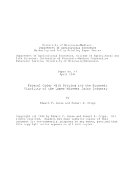 Federal Order Milk Pricing and the Economic Viability of the Upper Midwest Dairy Industry