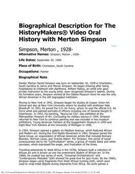 Biographical Description for the Historymakers® Video Oral History with Merton Simpson