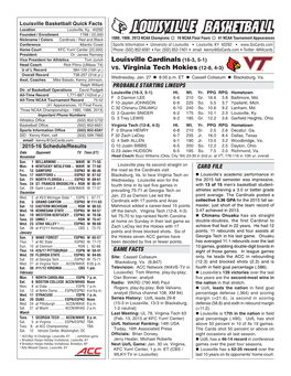 Vs. Virginia Tech Hokies (12-8, 4-3) Overall Record 738-257 (31St Yr.) Wednesday, Jan