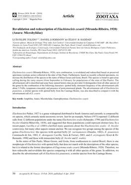 Zootaxa, Revalidation and Redescription of Elachistocleis Cesarii