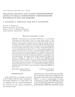 Biological Efficacy and Plasma Norethisterone Levels of Orally Administered Norethisterone Enanthate in Rat and Hamster