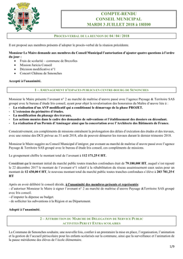 Compte-Rendu Conseil Municipal Mardi 3 Juillet 2018 À 18H00