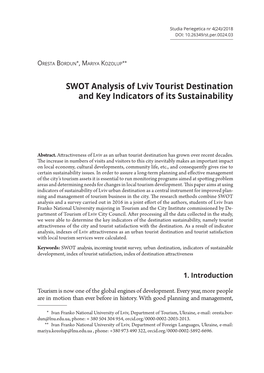 SWOT Analysis of Lviv Tourist Destination and Key Indicators of Its Sustainability