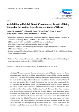 Variabilities in Rainfall Onset, Cessation and Length of Rainy Season for the Various Agro-Ecological Zones of Ghana