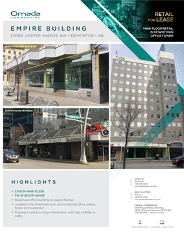 Empire Building Main Floor Retail in Downtown 10080 Jasper Avenue Nw I Edmonton I Ab Office Tower