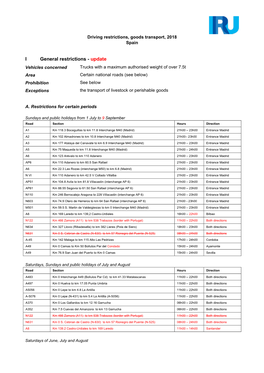 Driving Restrictions, Goods Transport, 2018 Spain