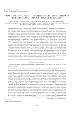 Using Stable Isotopes to Determine Dietary Patterns in Bonelli’S Eagle (Aquila Fasciata) Nestlings