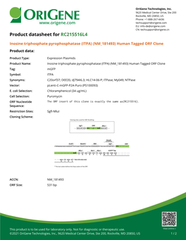 Inosine Triphosphate Pyrophosphatase (ITPA) (NM 181493) Human Tagged ORF Clone Product Data