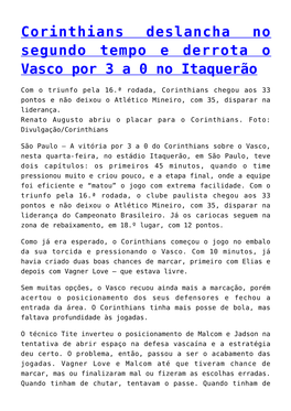 Corinthians Deslancha No Segundo Tempo E Derrota O Vasco Por 3 a 0 No Itaquerão