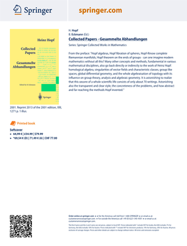 Collected Papers - Gesammelte Abhandlungen Series: Springer Collected Works in Mathematics