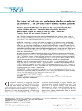 Prevalence of Osteoporosis and Osteopenia Diagnosed Using Quantitative CT in 296 Consecutive Lumbar Fusion Patients