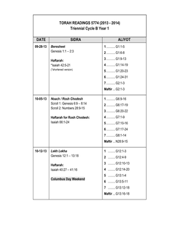 TORAH READINGS 5774 (2013 - 2014) Triennial Cycle B Year 1