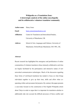 Wikipedia As a Translation Zone: a Heterotopic Analysis of the Online Encyclopedia and Its Collaborative Volunteer Translator Community