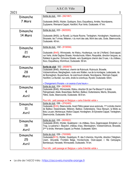 A.S.C.O. Vélo Dimanche 7 Mars Dimanche 14 Mars Dimanche 21