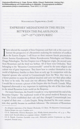 Empresses' Mediations in the Feuds Between the Palaiologoi (14Th-15™ Centuries)