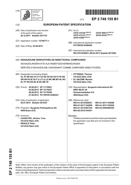 Isoxazoline Derivatives As Insecticidal Compounds Isoxazolinderivate Als Insektizidverbindungen Dérivés D’Isoxazoline Convenant Comme Composés Insecticides