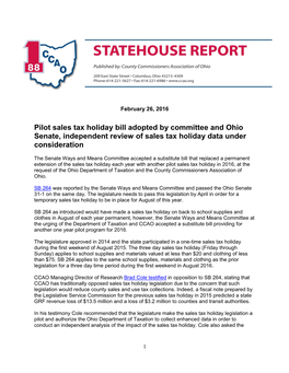 Pilot Sales Tax Holiday Bill Adopted by Committee and Ohio Senate, Independent Review of Sales Tax Holiday Data Under Consideration