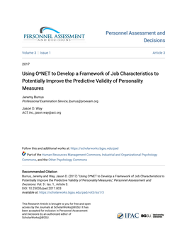 Using O*NET to Develop a Framework of Job Characteristics to Potentially Improve the Predictive Validity of Personality Measures