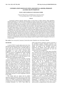 Conservation Issues of Litsea Monopetala (Roxb.) Persoon (Lauracae) in Pakistan