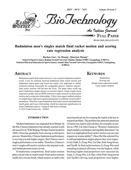 Badminton Men's Singles Match Final Racket Motion and Scoring Rate Regression Analysis