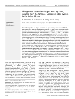 Bhargavaea Cecembensis Gen. Nov., Sp. Nov., Isolated from the Chagos–Laccadive Ridge System in the Indian Ocean