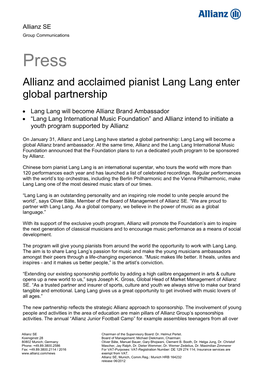 Allianz and Acclaimed Pianist Lang Lang Enter Global Partnership